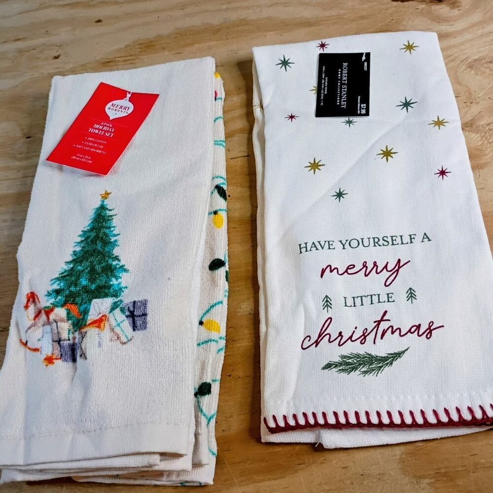 Lot 3 Christmas Kitchen Towels Merry Moments Robert Stanley Cotton Tree Lights